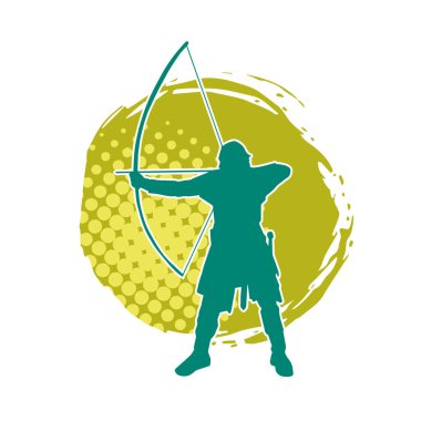 Hareketli erkek okçu savaşçısının silueti. Okçuluk silahı taşıyan bir adamın silueti..