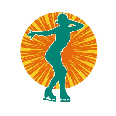 Sıska bir kadın buz pateni jimnastik dansçısının hareket halindeki silueti.