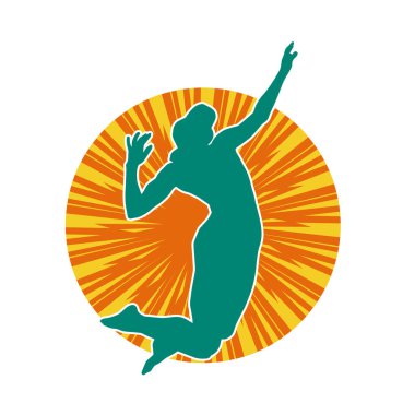 Hareketli bir kadın voleybol oyuncusunun silueti. Voleybol oynayan bir kadının silueti..