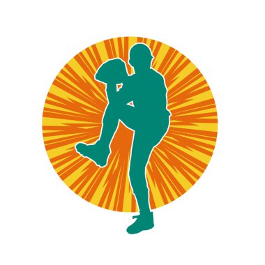 Beyzbol atıcısının silueti top atmaya hazır. Erkek beyzbol atıcısının silueti hareket halinde..