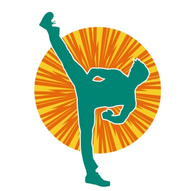 Dövüş sanatları pozu veren bir erkeğin silueti. Dövüş sanatları ustasının silueti tekme atma pozu veriyor..