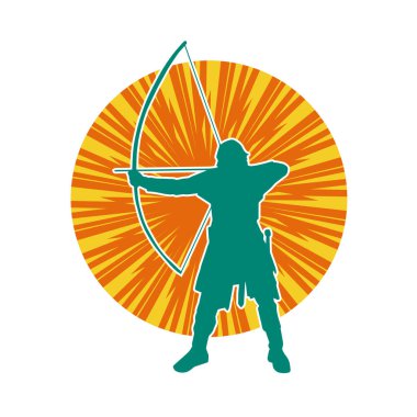 Hareketli erkek okçu savaşçısının silueti. Okçuluk silahı taşıyan bir adamın silueti..