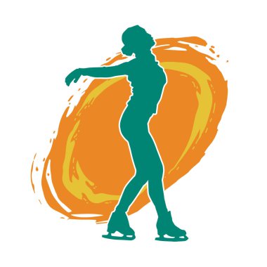 Sıska bir kadın buz pateni jimnastik dansçısının hareket halindeki silueti.