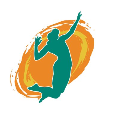 Hareketli bir kadın voleybol oyuncusunun silueti. Voleybol oynayan bir kadının silueti..