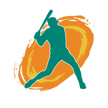 Hareketli bir erkek beyzbol oyuncusunun silueti. Vurucu olarak beyzbol oynayan bir adamın silueti..