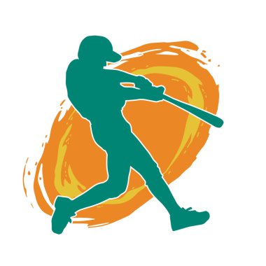 Hareketli bir erkek beyzbol oyuncusunun silueti. Vurucu olarak beyzbol oynayan bir adamın silueti..