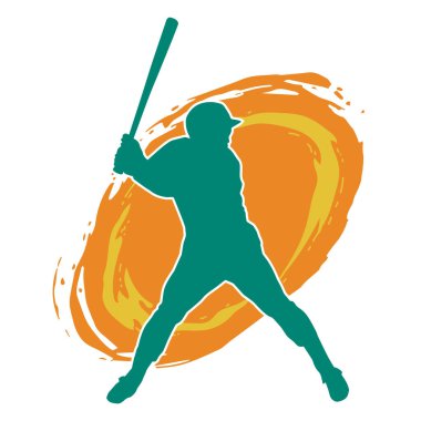 Hareketli bir erkek beyzbol oyuncusunun silueti. Vurucu olarak beyzbol oynayan bir adamın silueti..