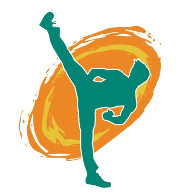 Dövüş sanatları pozu veren bir erkeğin silueti. Dövüş sanatları ustasının silueti tekme atma pozu veriyor..