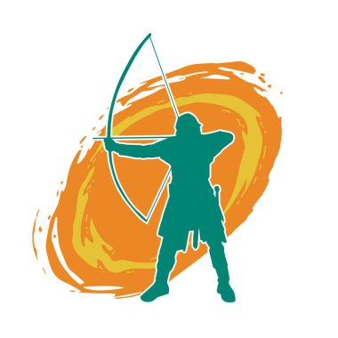 Hareketli erkek okçu savaşçısının silueti. Okçuluk silahı taşıyan bir adamın silueti..