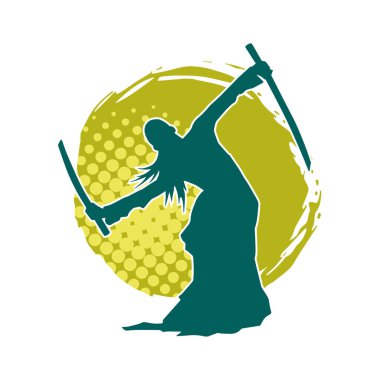 Kung fu 'nun silueti ya da Wushu dövüş sanatları sporcusu pozu. Kılıçlı bir erkek dövüş sanatının silueti..