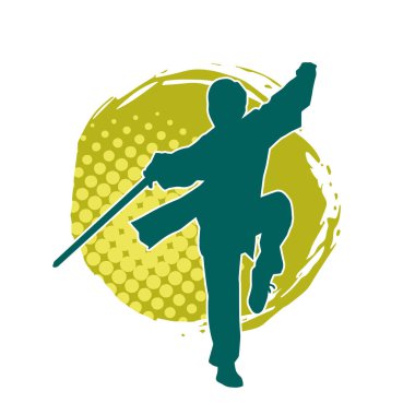 Kung fu 'nun silueti ya da Wushu dövüş sanatları sporcusu pozu. Kılıçlı bir erkek dövüş sanatının silueti..