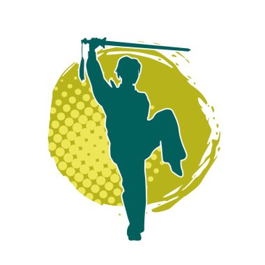 Kung fu 'nun silueti ya da Wushu dövüş sanatları sporcusu pozu. Kılıçlı bir erkek dövüş sanatının silueti..