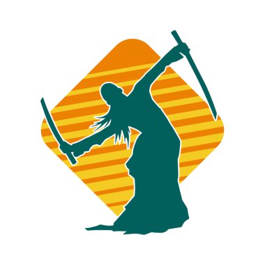 Kung fu 'nun silueti ya da Wushu dövüş sanatları sporcusu pozu. Kılıçlı bir erkek dövüş sanatının silueti..