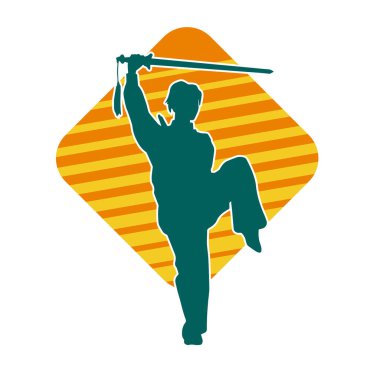 Kung fu 'nun silueti ya da Wushu dövüş sanatları sporcusu pozu. Kılıçlı bir erkek dövüş sanatının silueti..