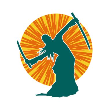 Kung fu 'nun silueti ya da Wushu dövüş sanatları sporcusu pozu. Kılıçlı bir erkek dövüş sanatının silueti..