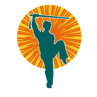 Kung fu 'nun silueti ya da Wushu dövüş sanatları sporcusu pozu. Kılıçlı bir erkek dövüş sanatının silueti..