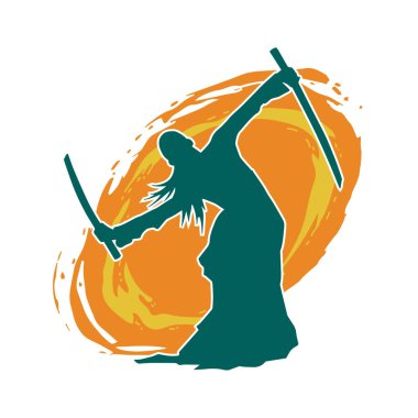 Kung fu 'nun silueti ya da Wushu dövüş sanatları sporcusu pozu. Kılıçlı bir erkek dövüş sanatının silueti..