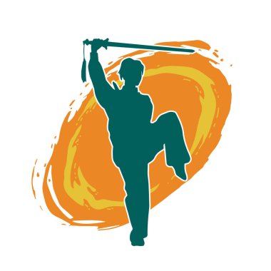 Kung fu 'nun silueti ya da Wushu dövüş sanatları sporcusu pozu. Kılıçlı bir erkek dövüş sanatının silueti..