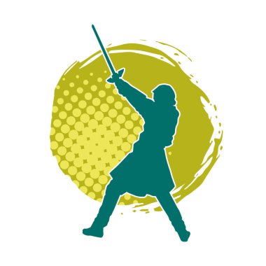 Bir kadın dövüşçünün silueti kılıç taşırken poz veriyor..