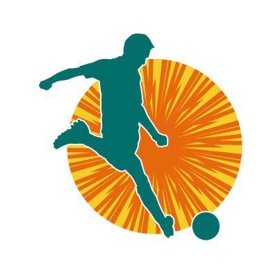 Top tekmeleyen bir erkek futbolcunun silueti. Hareket halindeki bir futbolcunun silueti.