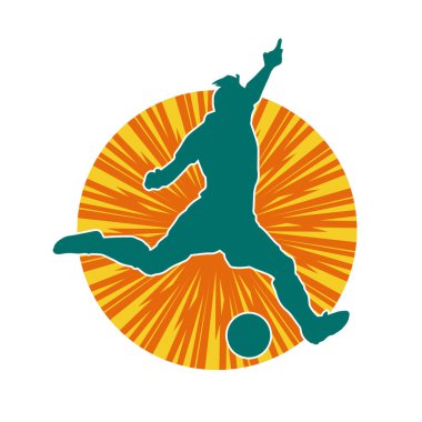 Top tekmeleyen bir erkek futbolcunun silueti. Hareket halindeki bir futbolcunun silueti.