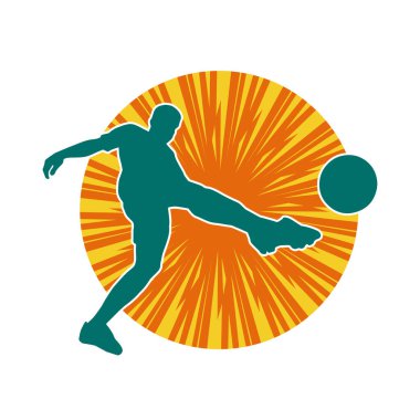 Top tekmeleyen bir erkek futbolcunun silueti. Hareket halindeki bir futbolcunun silueti.