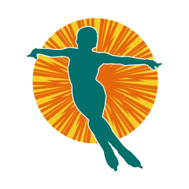 Sıska bir kadın buz pateni jimnastik dansçısının hareket halindeki silueti.