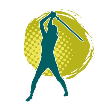 Bir kadın dövüşçünün silueti kılıç taşırken poz veriyor..