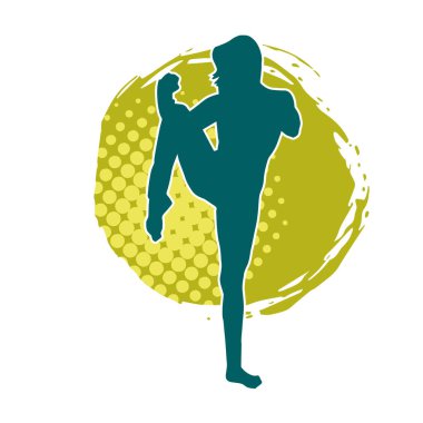 Hareketli kadın kickboksör atletinin silueti. Tekme atan bir kadının silueti..