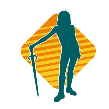 Bir kadın dövüşçünün silueti kılıç taşırken poz veriyor..