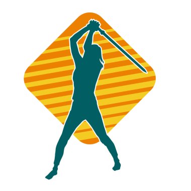 Bir kadın dövüşçünün silueti kılıç taşırken poz veriyor..