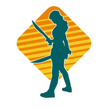 Bir kadın dövüşçünün silueti kılıç taşırken poz veriyor..