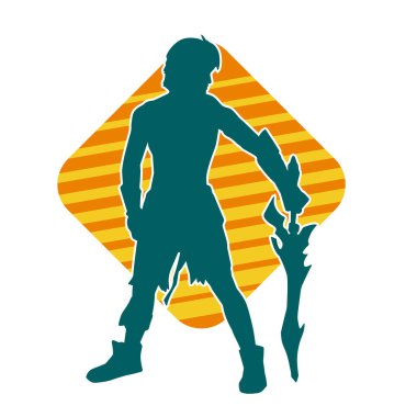 Bir erkek savaşçının silueti kılıçla poz veriyor. Kılıç taşıyan bir savaşçının silueti..