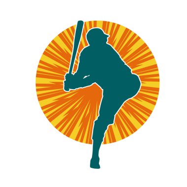 Hareketli bir erkek beyzbol oyuncusunun silueti. Vurucu olarak beyzbol oynayan bir adamın silueti..