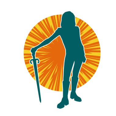 Bir kadın dövüşçünün silueti kılıç taşırken poz veriyor..