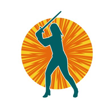 Bir kadın dövüşçünün silueti kılıç taşırken poz veriyor..