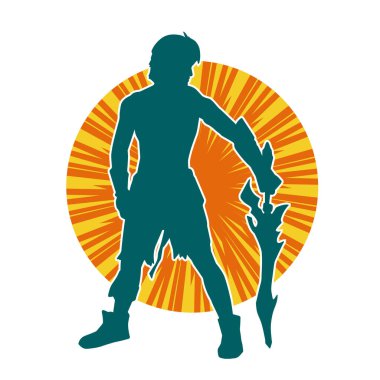 Bir erkek savaşçının silueti kılıçla poz veriyor. Kılıç taşıyan bir savaşçının silueti..