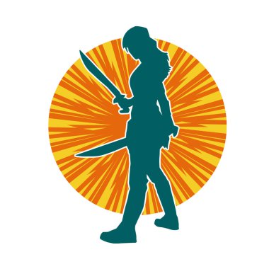 Bir kadın dövüşçünün silueti kılıç taşırken poz veriyor..