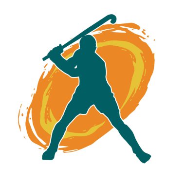 Erkek çim hokeyi atletinin silueti iş başında. Çim hokeyi oynayan bir adamın silueti..