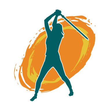 Bir kadın dövüşçünün silueti kılıç taşırken poz veriyor..