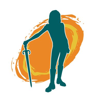 Bir kadın dövüşçünün silueti kılıç taşırken poz veriyor..