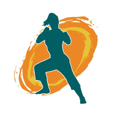 Dövüş sanatları yapan zayıf bir kadının silueti. Dövüş sanatlarında çalışan bir kadının silueti..