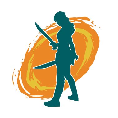 Bir kadın dövüşçünün silueti kılıç taşırken poz veriyor..