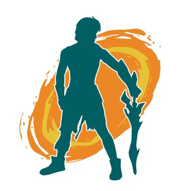 Bir erkek savaşçının silueti kılıçla poz veriyor. Kılıç taşıyan bir savaşçının silueti..