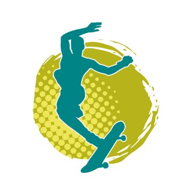 Hareket halindeki bir erkek silueti kaykay üzerinde poz veriyor. Kaykaylı bir şehir çocuğunun silueti..