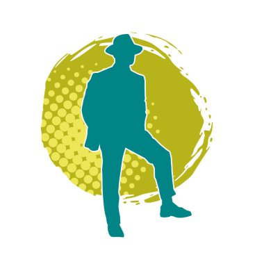 Bir beyefendinin silueti iş elbisesi ya da paltosu giyiyor ve şapka takıyor..