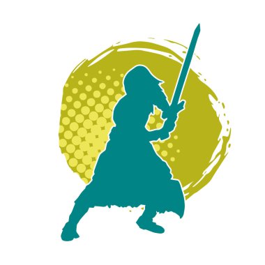 Bir erkek savaşçının silueti kılıçla poz veriyor. Kılıç taşıyan bir savaşçının silueti..