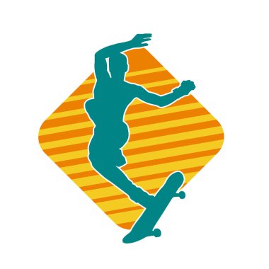 Hareket halindeki bir erkek silueti kaykay üzerinde poz veriyor. Kaykaylı bir şehir çocuğunun silueti..