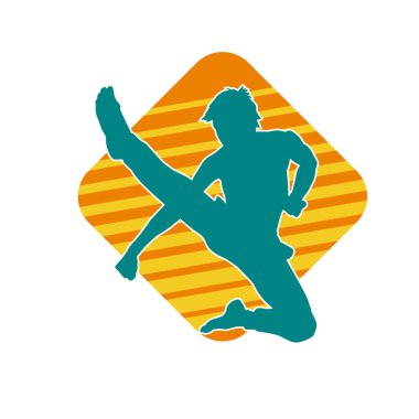 Dövüş sanatları pozu veren bir erkeğin silueti. Dövüş sanatları ustasının silueti tekme atma pozu veriyor..