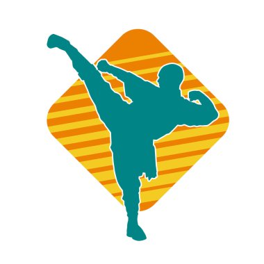 Dövüş sanatları pozu veren bir erkeğin silueti. Dövüş sanatları ustasının silueti tekme atma pozu veriyor..